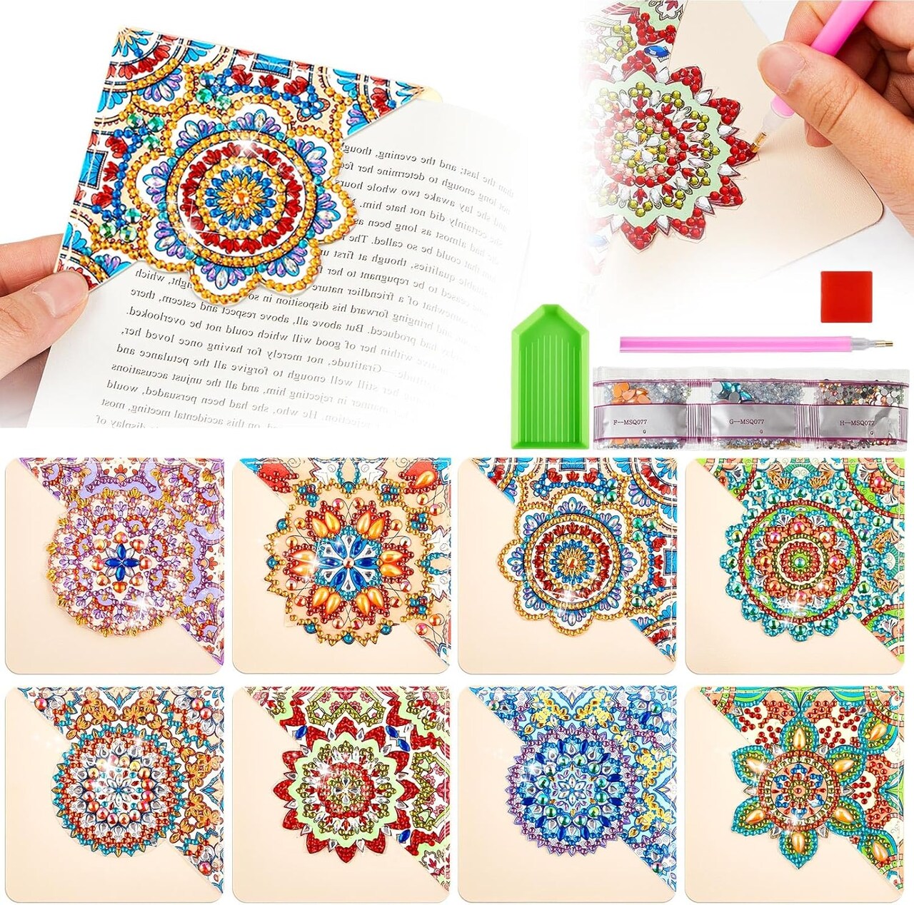 8-Piece Mandala Diamond Art Bookmark Kit – DIY Corner Bookmarks with Diamond Painting Accessories for Adults & Kids